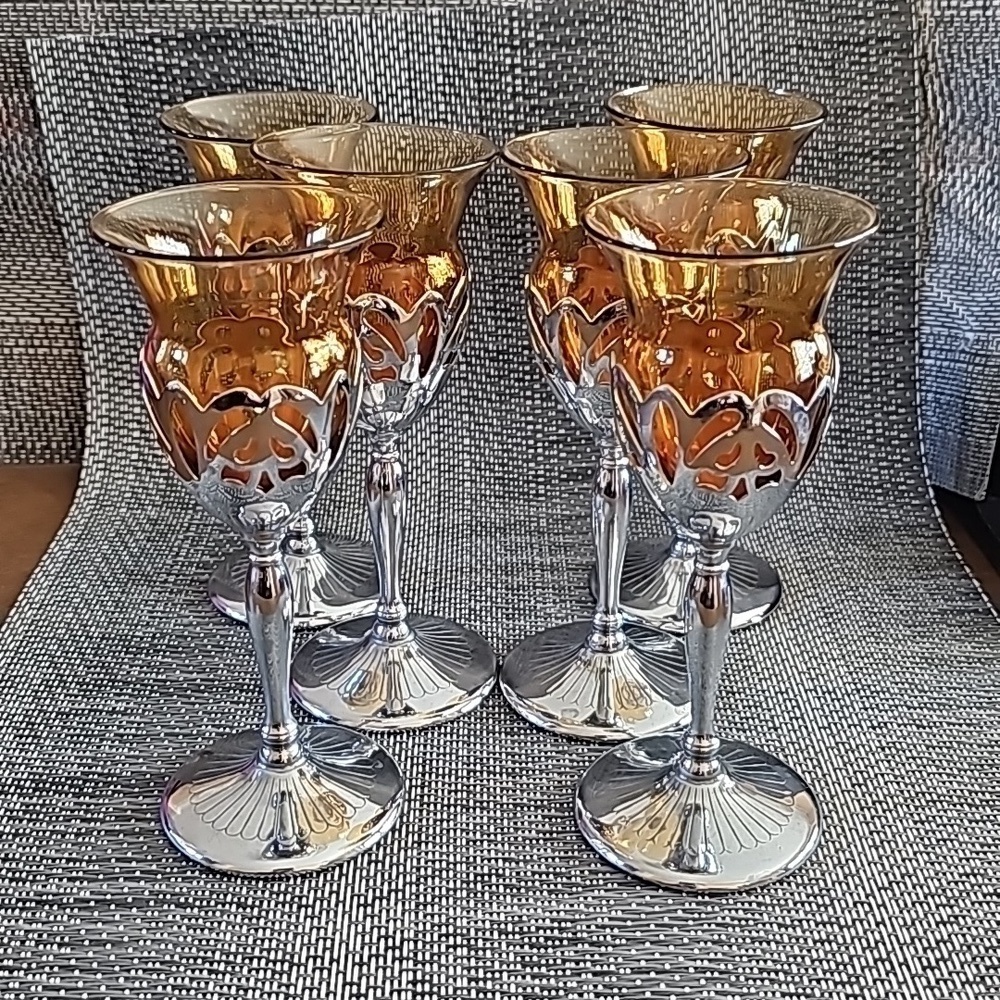 Vintage Farber Brothers Amber Silver Stems Glassware 6 Cordial Sherry Glasses